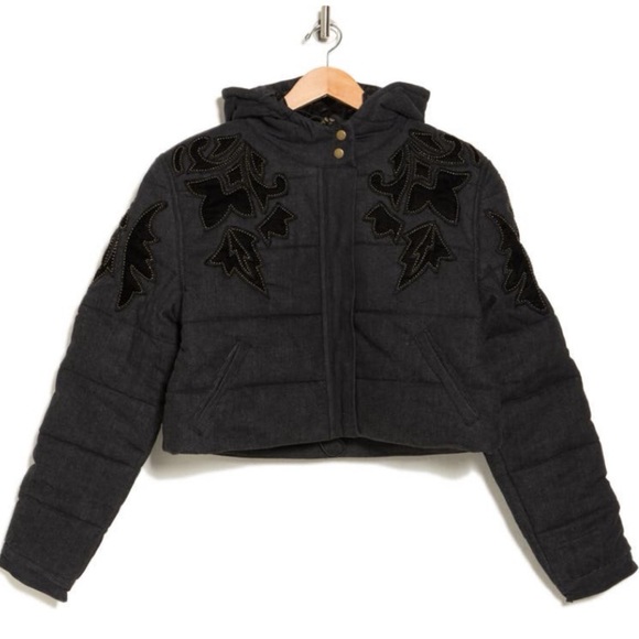 Free People Fleur de Lis Denim Cropped Puffer Jacket Size Medium - Picture 4 of 9